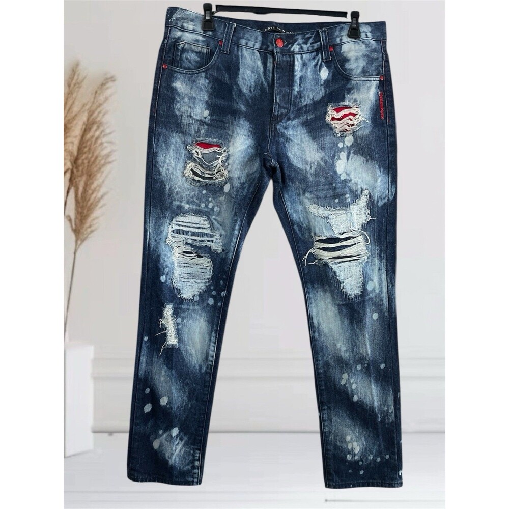 Cote De Nuits Buttonfly Men’s W36 L33 Distressed Acid Wash Blue Denim Jeans